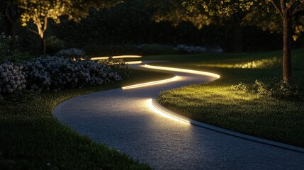 Poster - Illuminated garden path at night with soft lighting and lush greenery in tranquil outdoor setting Copy Space