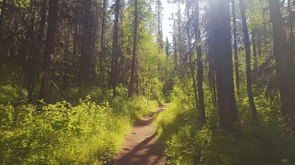 Poster - Winding forest path through lush green foliage and tall trees with sunlight filtering through the branches Copy Space