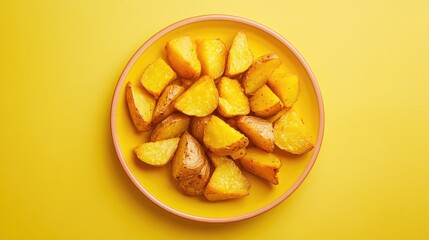 Poster - Plate of roasted golden potatoes on bright yellow background with copy space