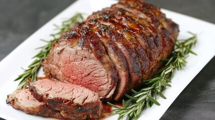 Poster - Roasted beef tenderloin sliced and served on a white platter with rosemary garnishes and a rich brown sauce Copy Space