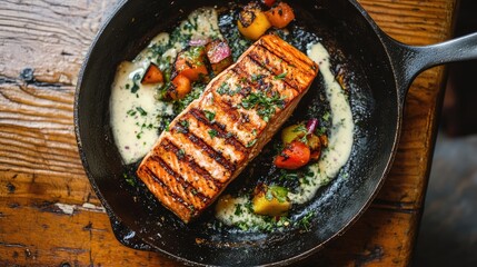 Aufkleber - Grilled salmon fillet served in cast iron skillet with colorful vegetables and cream sauce on rustic wooden table Copy Space