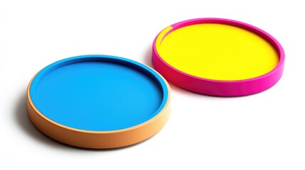 Poster - Colorful round trays in blue, yellow, and pink with smooth surfaces on a white background. Copy Space available.