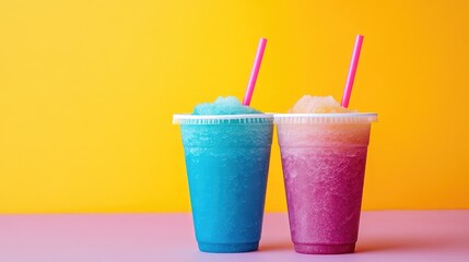 Poster - Colorful slushy drinks in blue and pink cups with pink straws against a vibrant orange and pink background with Copy Space
