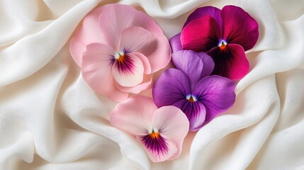 Poster - Colorful pansy flowers arranged in a heart shape on soft white fabric with Copy Space for text placement