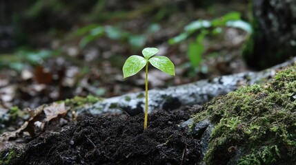 Poster - Young plant sprouting from dark, rich soil in a forest setting with soft focus background. Copy Space available.
