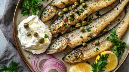 Aufkleber - Grilled fish platter with herbs lemon capers and creamy dip on a rustic plate with copy space for text
