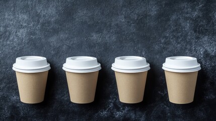 Aufkleber - Four disposable coffee cups with white lids arranged horizontally on a textured gray background with Copy Space.