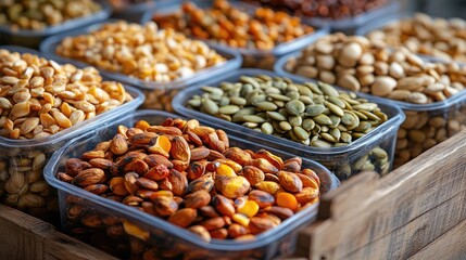 Poster - Variety of Nuts and Seeds in Transparent Containers on Wooden Display Copy Space