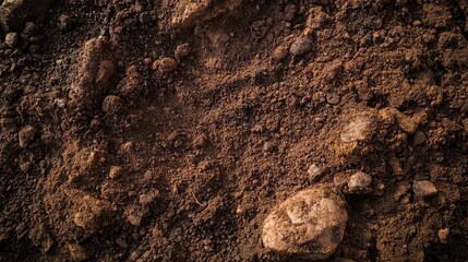 Poster - Texture of dark soil with pebbles and small rocks detailed close-up with Copy Space for text placement