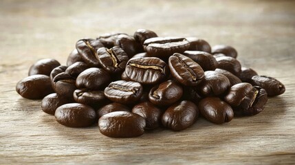Poster - Close-up of roasted coffee beans on a wooden surface with Copy Space for text or branding