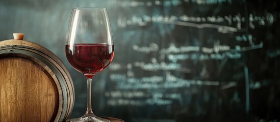 Aufkleber - Red wine glass beside a wooden barrel with a blurred chalkboard background featuring handwritten notes Copy Space