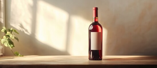 Poster - Red wine bottle on wooden table with natural light and soft shadows, minimalist style and Copy Space for text placement.