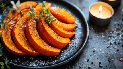 Aufkleber - Roasted pumpkin slices garnished with herbs and spices on a black plate with candles in the background Copy Space