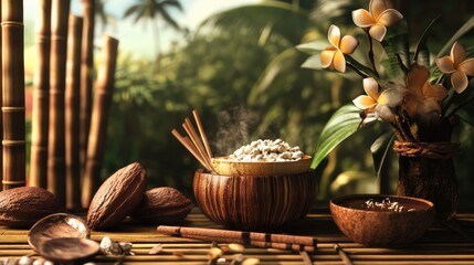 Aufkleber - Culinary still life with steaming bowl of rice, bamboo utensils, nuts and tropical flowers, featuring natural elements and Copy Space.