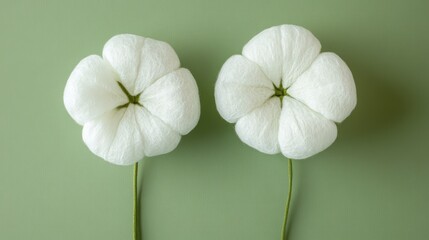 Fototapete - White cotton flowers on a green background with stems providing natural Copy Space for text placement
