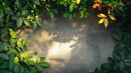 Poster - Lush green foliage framing a textured stone background with copy space for text placement