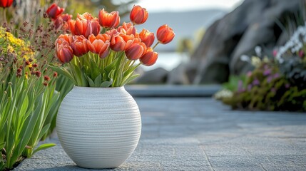 Aufkleber - Vibrant orange tulips arranged in a textured white vase with a garden background and soft lighting Copy Space