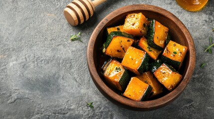 Poster - Bowl of roasted pumpkin cubes with honey drizzle and herbs on gray textured background Copy Space