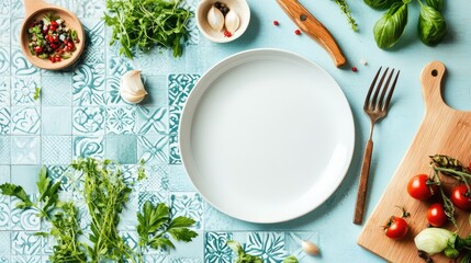 Fresh ingredients and herbs arranged around an empty white plate on a decorative blue tiled surface with a wooden board and fork, Copy Space.