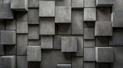 Poster - Concrete wall with three-dimensional gray cube patterns and textured surface suitable for modern architectural backgrounds Copy Space