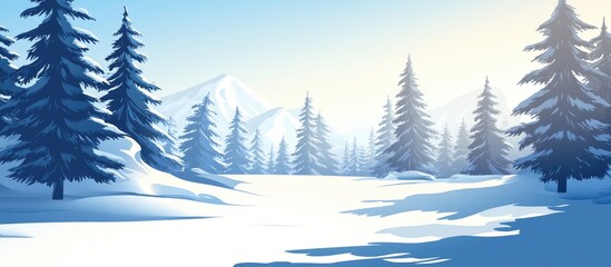 Aufkleber - Winter landscape with snowy trees and mountains in the background featuring clear skies and soft sunlight, Copy Space