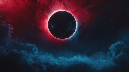 Aufkleber - Cosmic scene featuring a total solar eclipse with a dark silhouette against a dramatic red and blue nebula backdrop with Copy Space.