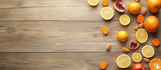 Aufkleber - Fruits on rustic wooden table with copy space including oranges pomegranate and mandarin
