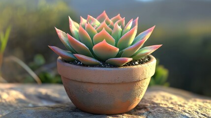 Leinwandbilder - Succulent Plant in Terracotta Pot on Natural Rock Surface with Blurred Background and Copy Space