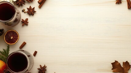Poster - Warm beverage with spices and dried fruits arranged on a wooden table with copy space for text.