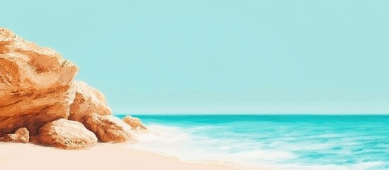 Poster - Coastal landscape with sandy beach, rocky formations, and turquoise ocean water under clear sky Copy Space