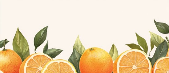 Poster - Citrus fruit background with oranges and green leaves on a light beige surface featuring ample copy space for text placement
