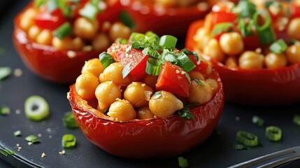 Poster - Stuffed tomatoes with chickpeas and vegetables garnished with green onions on a black plate with Copy Space for text