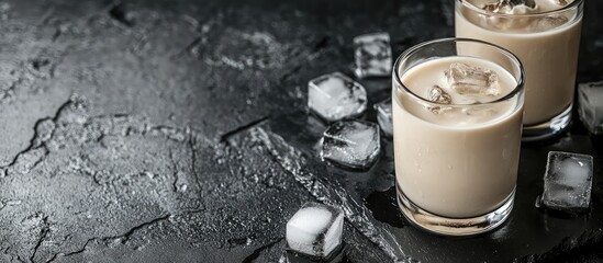 Aufkleber - Creamy cocktail in glass with ice cubes on dark textured background Copy Space