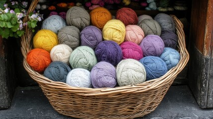 Wall Mural - Colorful yarn balls in a woven basket with flowers and wooden background Copy Space