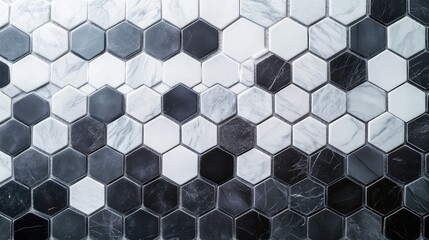 Leinwandbilder - Hexagon Mosaic Tile Pattern in Black and White Color Scheme with Marble Textures and Copy Space