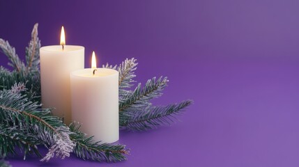 Aufkleber - Two white candles with flames on a purple background surrounded by evergreen branches with frost Copy Space