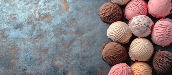 Poster - Assorted ice cream scoops on a textured blue surface with copy space for text