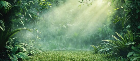 Poster - Lush green tropical rainforest with sunlight beams breaking through foliage and mist creating a serene atmosphere Copy Space