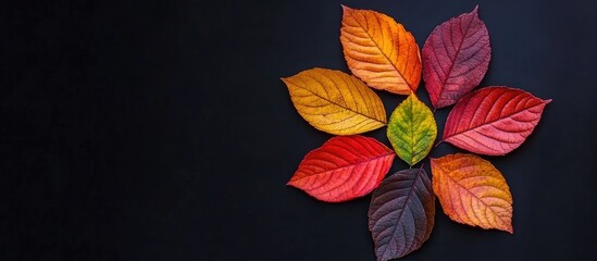 Poster - Colorful autumn leaves arranged in a floral pattern on a black background with ample copy space for text.