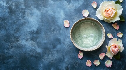 Poster - Round ceramic bowl with turquoise water surrounded by delicate rose flowers and pink petals on a textured blue background Copy Space