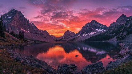 Poster - Mountain landscape at sunset with vibrant colors reflected in lake water and rocky foreground Copy Space