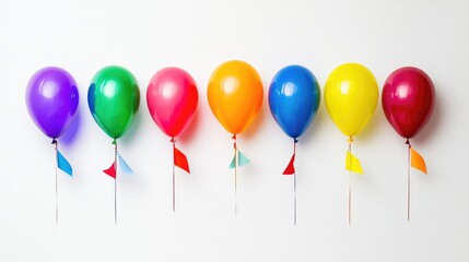 Poster - Colorful balloons in a row hanging against a plain white wall with copy space for text. Bright party decorations in vibrant colors.