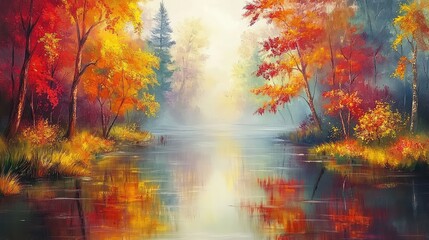 Aufkleber - Autumn landscape with vibrant orange and yellow foliage reflecting on calm water in misty setting Copy Space
