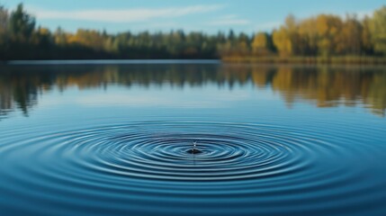 Aufkleber - Ripples on Calm Lake Water Surface with Reflections of Trees in Autumn Colors Copy Space