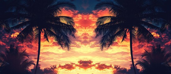 Poster - Sunset over a tropical beach with palm trees silhouetted against a vibrant orange and purple sky Copy Space