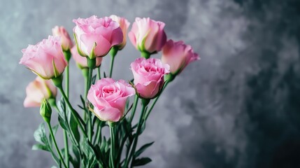 Aufkleber - Pink roses bouquet with soft green stems against a textured gray background Copy Space