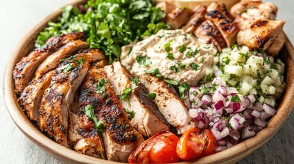 Aufkleber - Grilled chicken and vegetable platter with hummus and fresh herbs arranged in a wooden bowl with Copy Space.