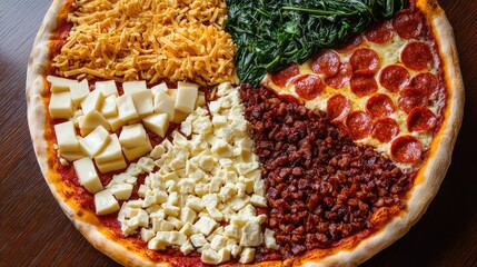 Aufkleber - Pizza divided into four sections featuring pepperoni, green spinach, mozzarella cubes, and various cheeses with wooden background and Copy Space.