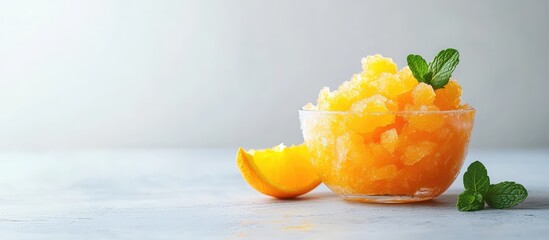 Poster - Refreshing orange sorbet in a glass bowl with mint leaves and a slice of orange on a light background Copy Space