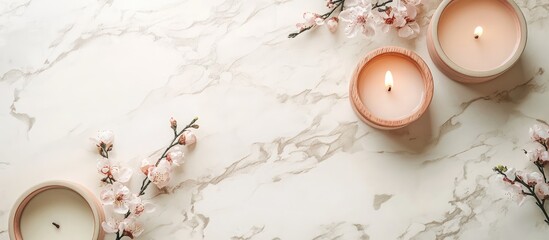 Aufkleber - Minimalist flat lay of decorative candles and cherry blossom branches on a marble surface with Copy Space for text insertion